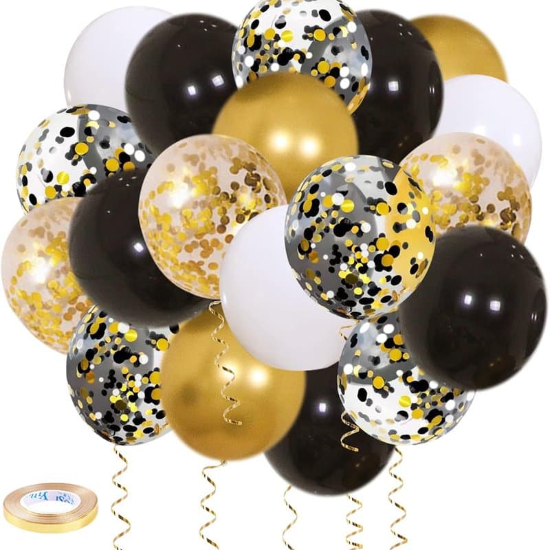 Black and Gold Helium Balloons - 50 Pack with Ribbons - Image 1